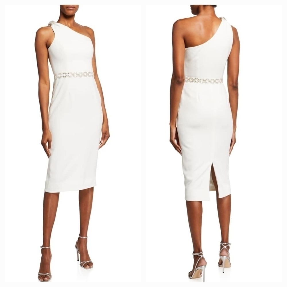 NWT Dress the Population Noa One Shoulder White Crepe Sheath Dress